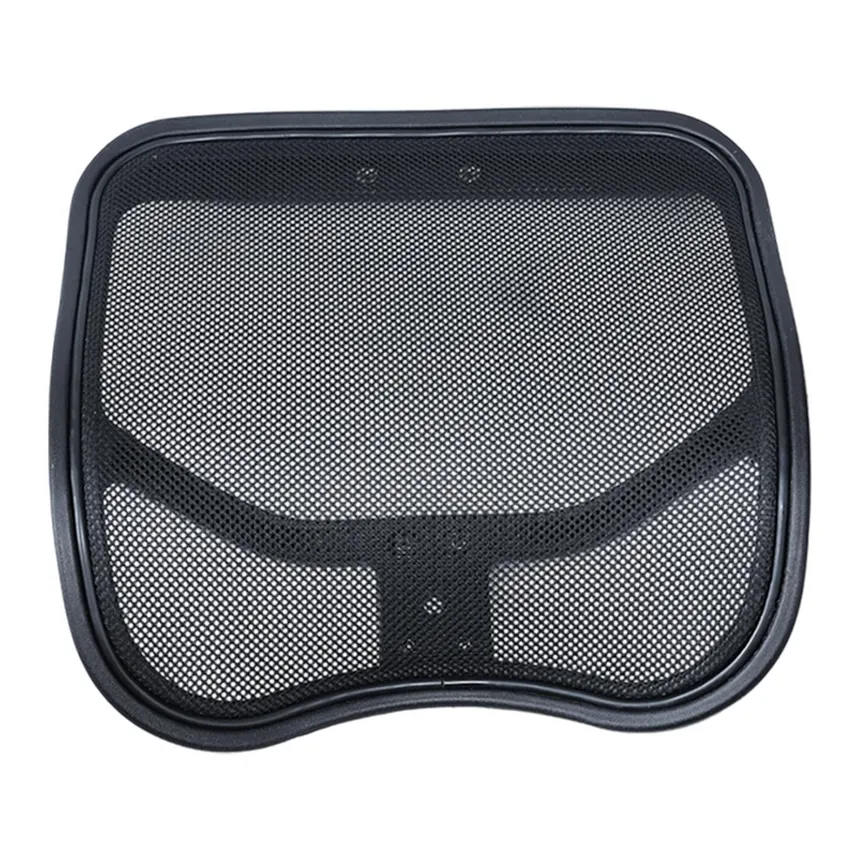 A black mesh office chair backrest in its frame.