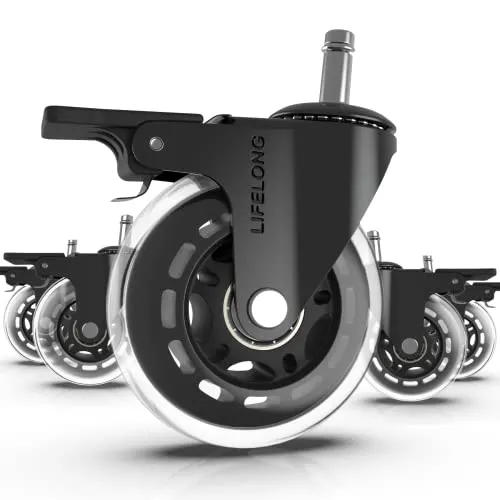 A set of five replacement casters with clear polyurethane wheels.