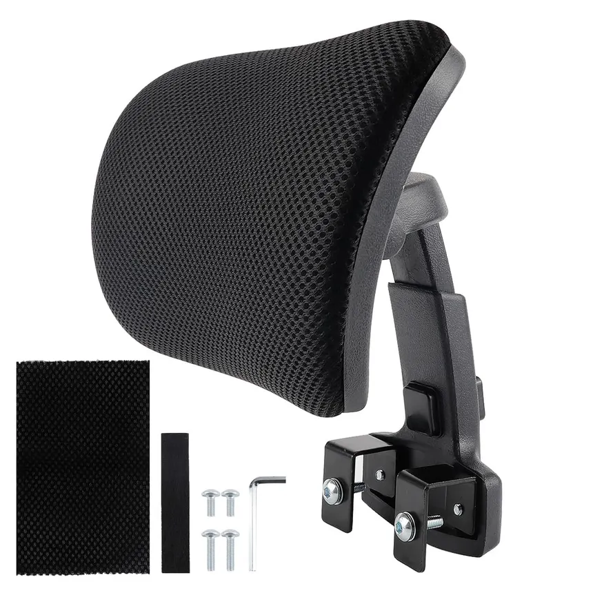 A bolt-on mesh headrest with its mounting bracket and screws.
