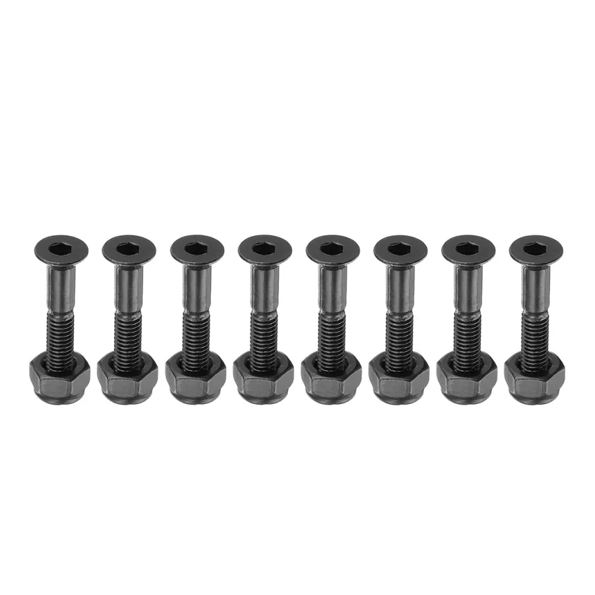 A row of black mounting bolts for an office chair.