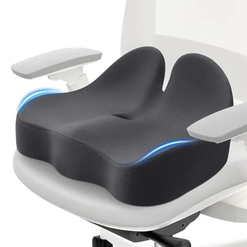 A contoured black foam seat cushion on an office chair.